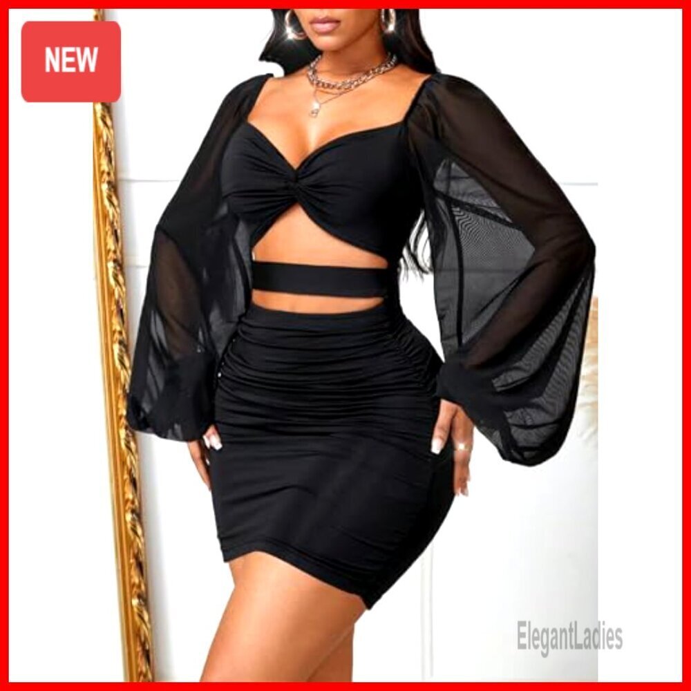 Mesh Bodycon Dress with Puff Sleeves, Cut Out Design, Ruched Mini for Party - Picture 4 of 7